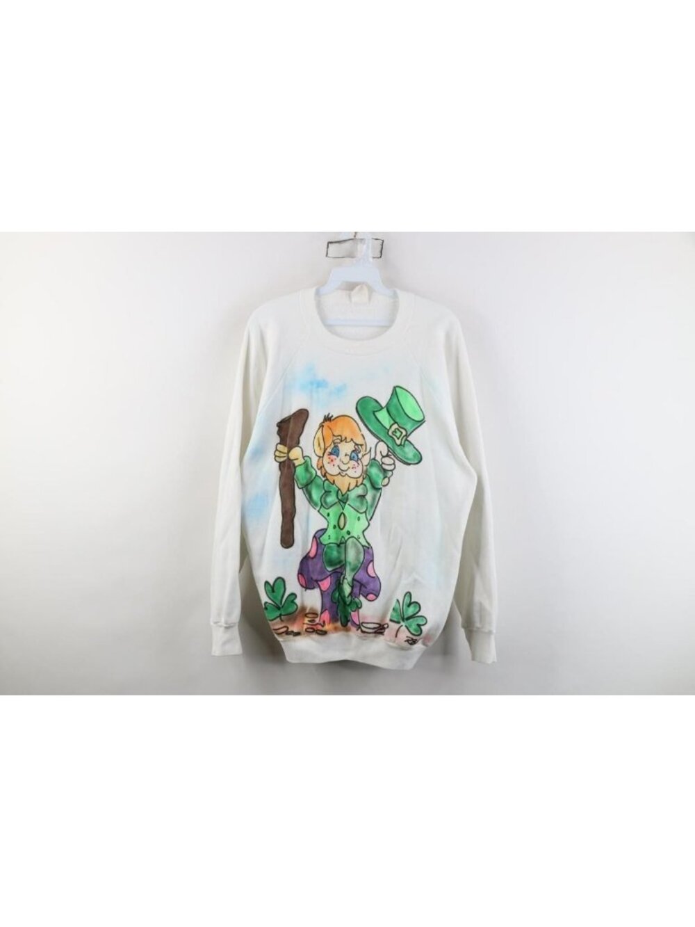 Vtg 90s Womens XL Airbrushed Leprechaun Mushroom Crewneck Sweatshirt White USA